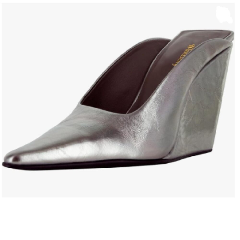 Wansseny Silver Pointed Toe Wedge High Heel Mules Slip On Ladies Dressy Pump